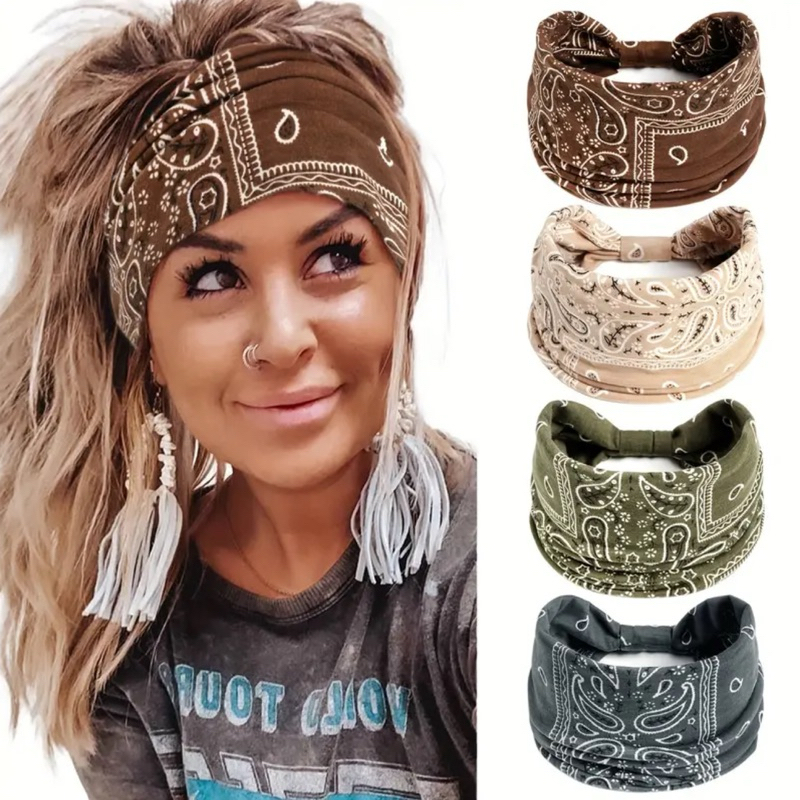 Faixa de Cabeça Larga Elástica com Estampa Paisley Boho Vintage feminino- Absorvente de Suor Elástica para Fitness Yoga