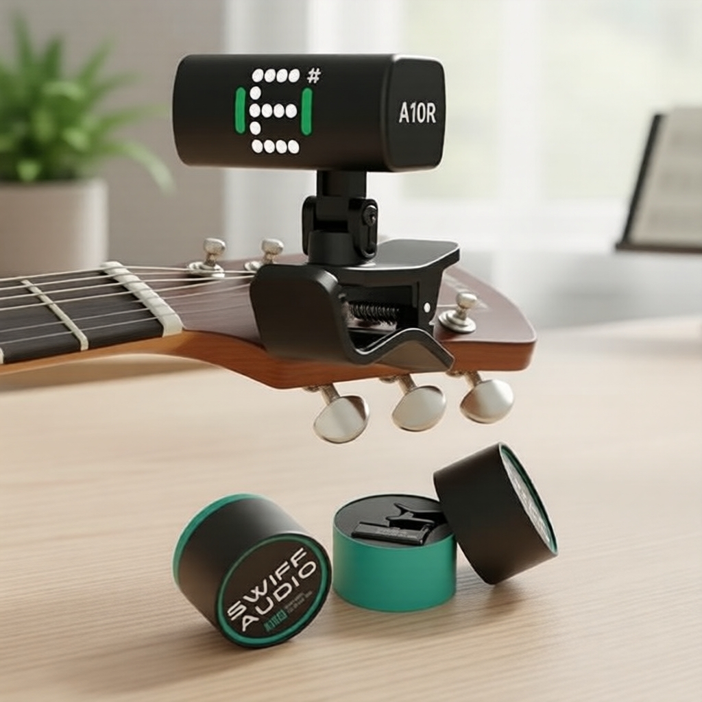 Afinador de clipe compacto Swiff Audio A10R com tela widescreen LED e carregamento rápido USB-C