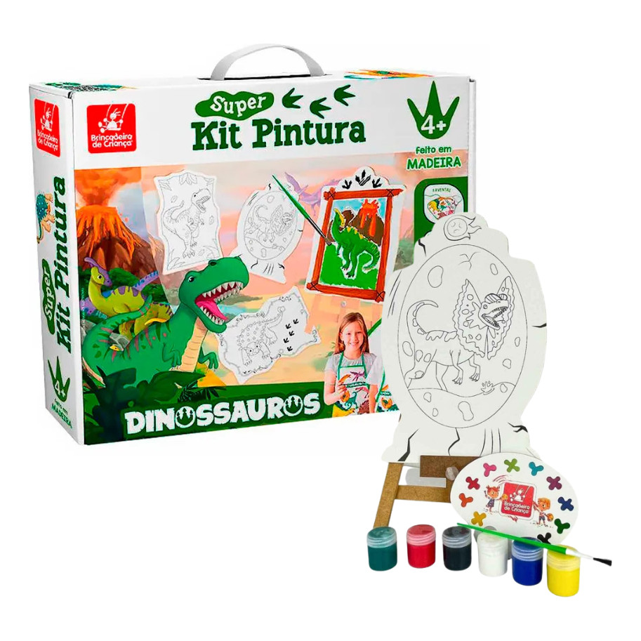 Kit Pintura Infantil Dinossauros - 4 Telas + Cavalete +6 Tintas +Pincel +Avental +Godê   - brinquedo educativo