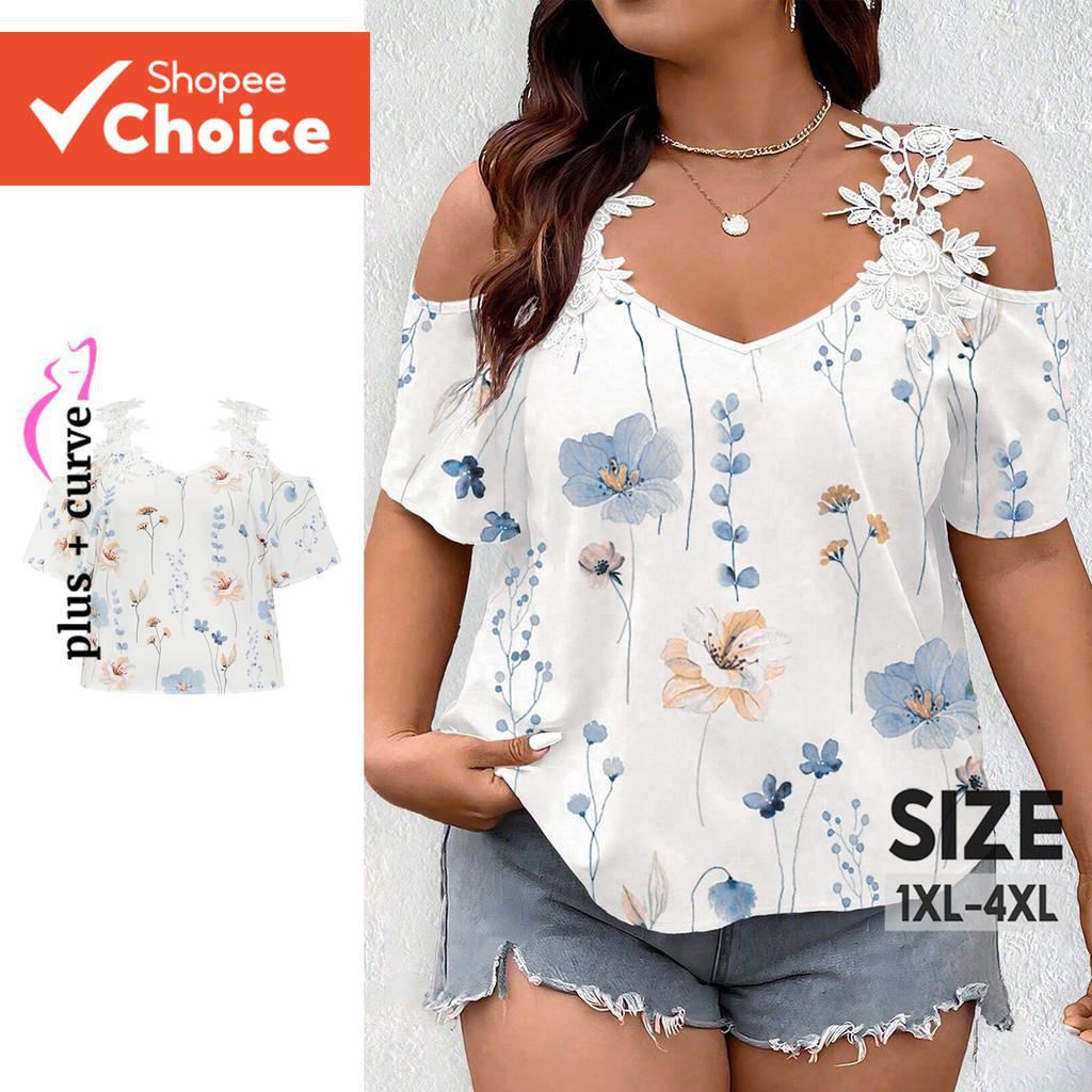 Lovito Plus Size Curve Blusa Floral Fofa de Ditsy com Ombro Frio para Mulheres LBL18610