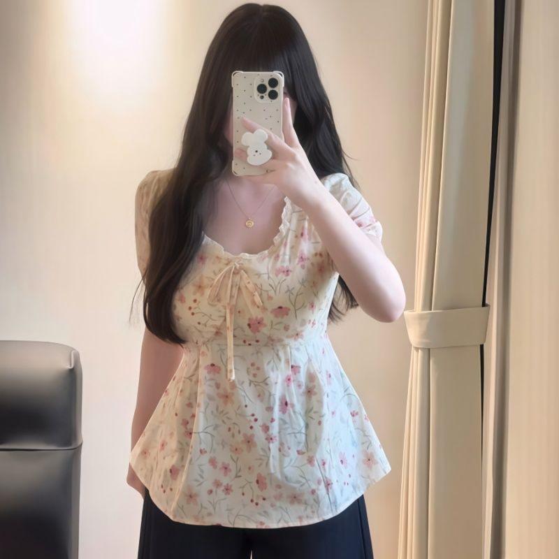 [Novidades] 2026 Verão Plus Size Feminino Francês Puro Desejo Estilo Floral Camisa com Decote em V Gordura mm Slimmer Lo