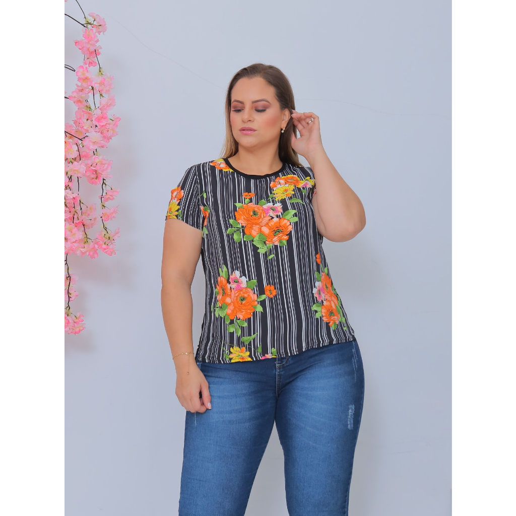 Blusa Feminina Plus Size Estampada Colorida Manga Curta Listrada Floral Poliéster Casual Trabalho