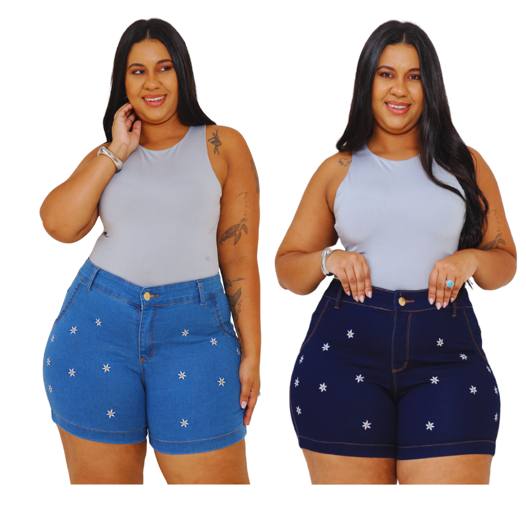 Kit 2 Shorts Jeans Plus Size Feminino Bordado Floral Cintura Alta Com Lycra 44 ao 54