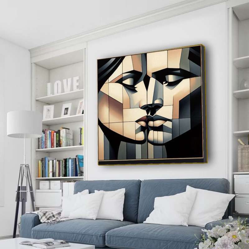 QUADRO DECORATIVO PEÇA ÚNICA MOSAICO HOMEM E MULHER GEOMÉTRICO NEUTRO PEÇA QUADRADA 60x60 MDF