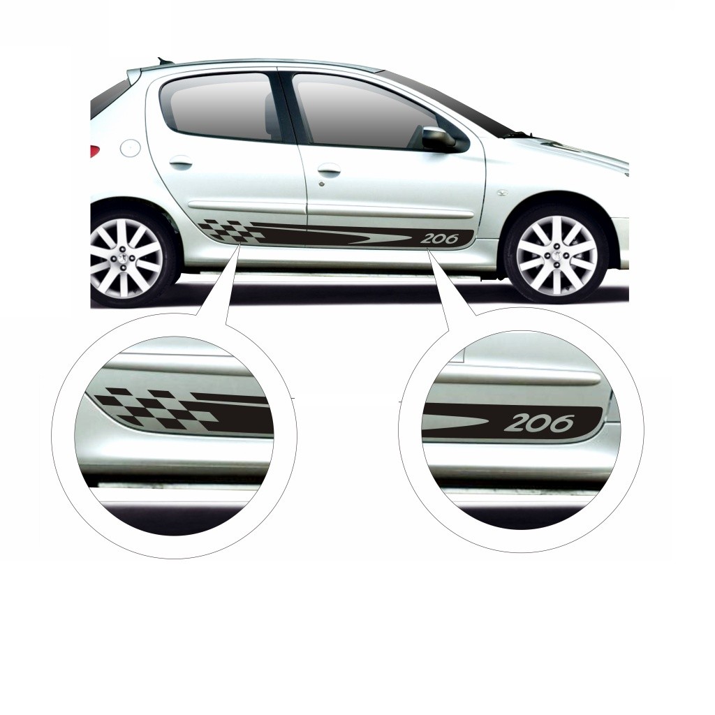 Adesivo Decorativo Para Carro Peugeot 206 Faixa Lateral Modelo 206Q Adesivos Carro Esportivo Tuning Para 2 ou 4 Portas