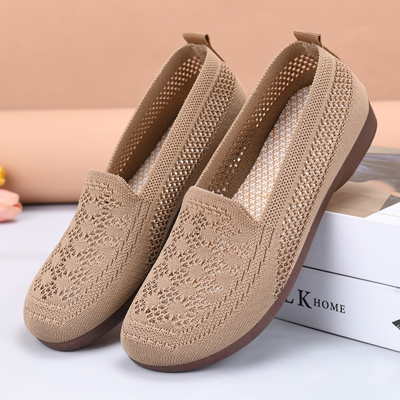 Europeu E Americano Mosca Rasa Tecido Fundo Plano Dedo Do Pé Largo Único Sapatos Para O Verão Feminino Sola Macia Oco Sa