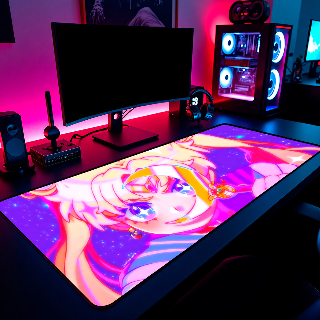 Mouse Pad Gamer Sailor Moon Anime Neon 65x30cm 80x40cm 90x50cm 120x60cm Borda Costurada