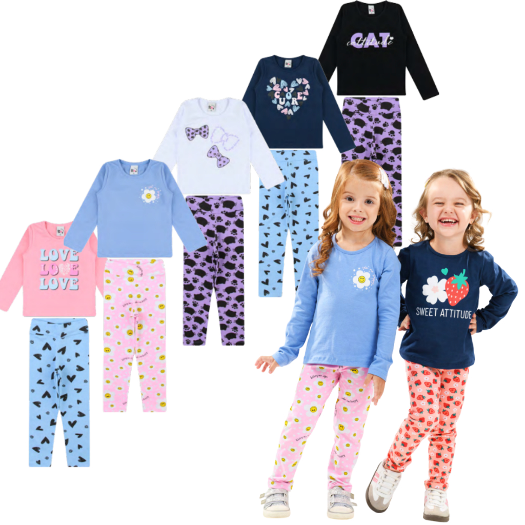 kit 6 Peças Inverno 3 Calças Legging + 3 Blusas de Meia Estação  Menina Conjunto Infantis Promoção Modelo 1 ao 10 ano
