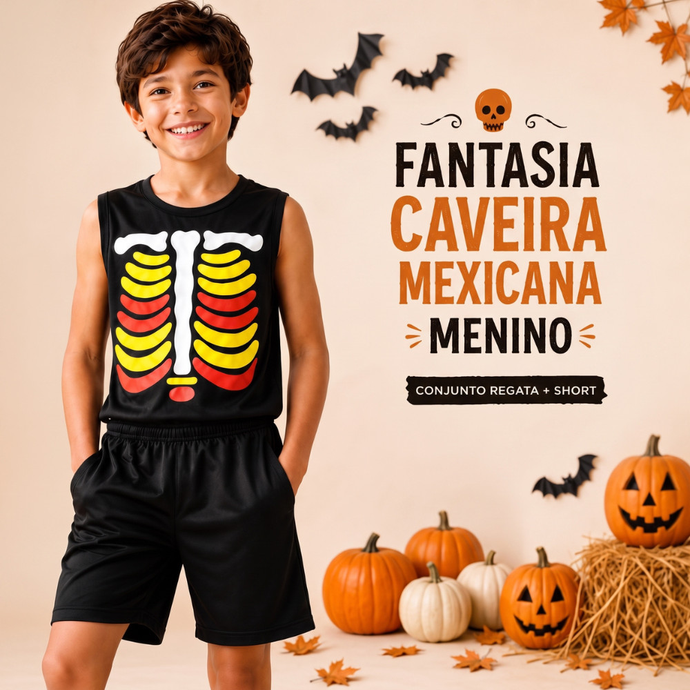 Fantasia Halloween Infantil Menino Caveira Mexicana Regata e Short