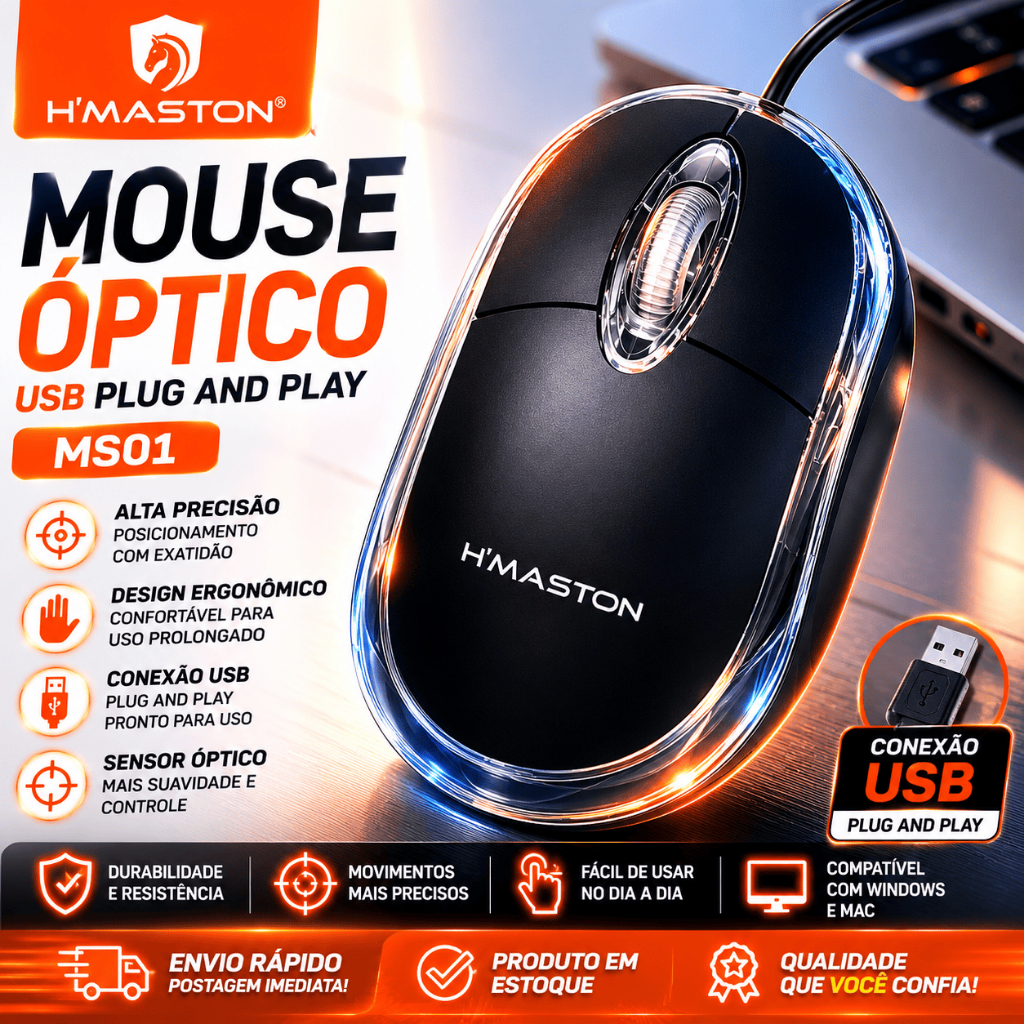 Mouse Com Fio Confortável Silencioso H'maston MS01 1000 Dpi 3 Botões com Led Portatil