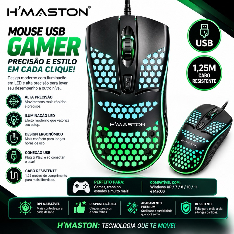 Mouse Gamer  com fio USB, iluminação LED H’Maston MS-12