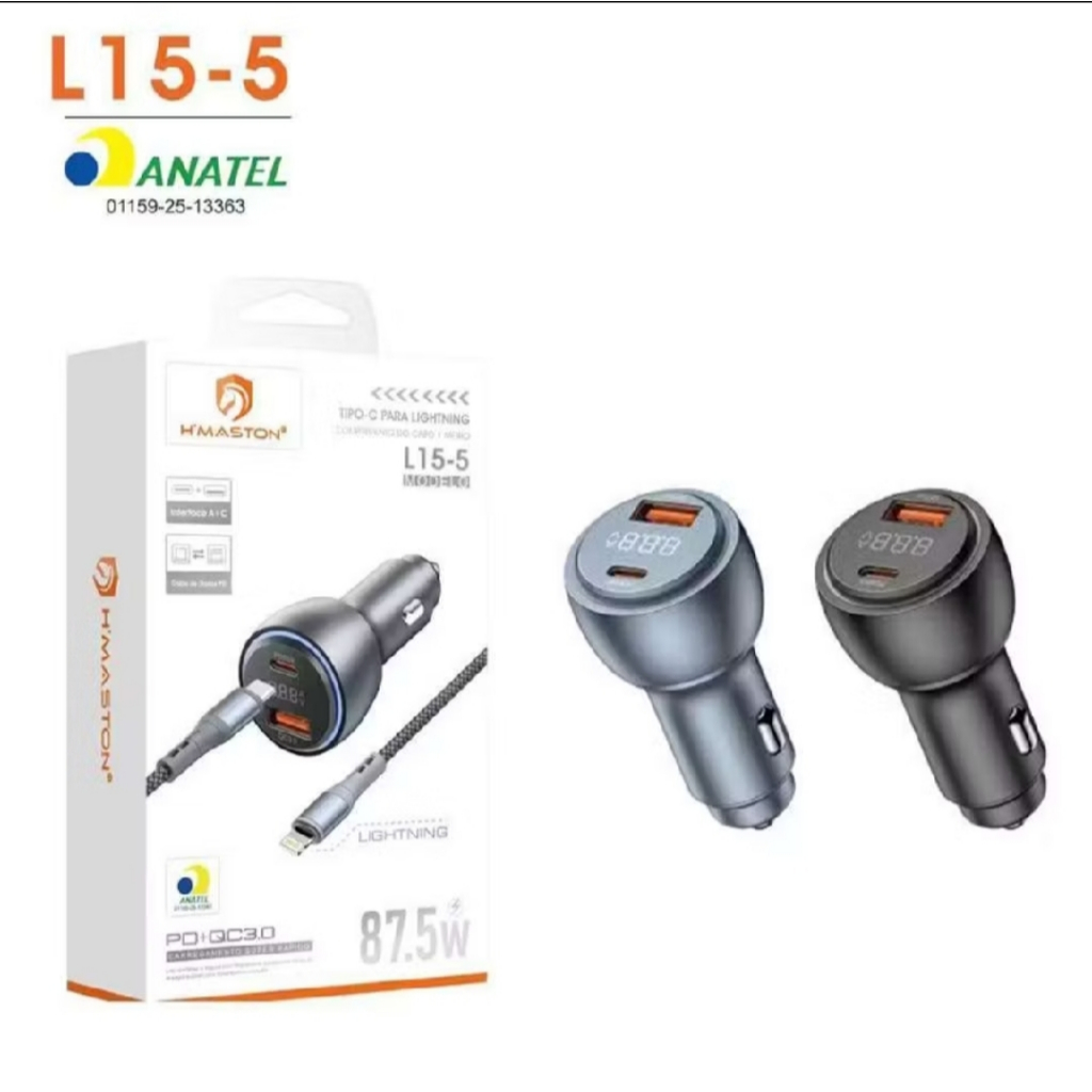 Carregador Veicular Turbo H'Maston 87.5W Ultra Rápido L15-5 Cabo Retrátil Bivolt Painel Digital LED