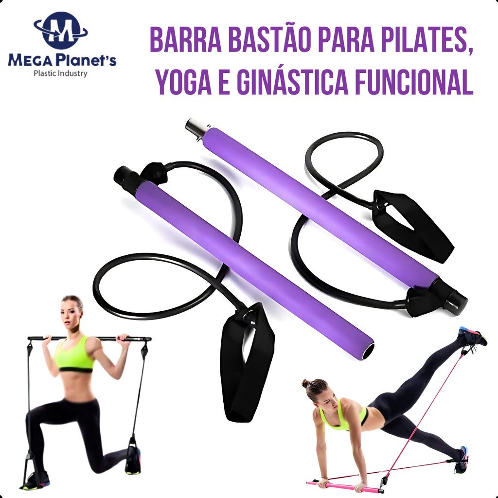 Barra Bastão De Pilates e Yoga Portátil Extensor Com Barra e Elástico Exercício Academia Treino Musculação