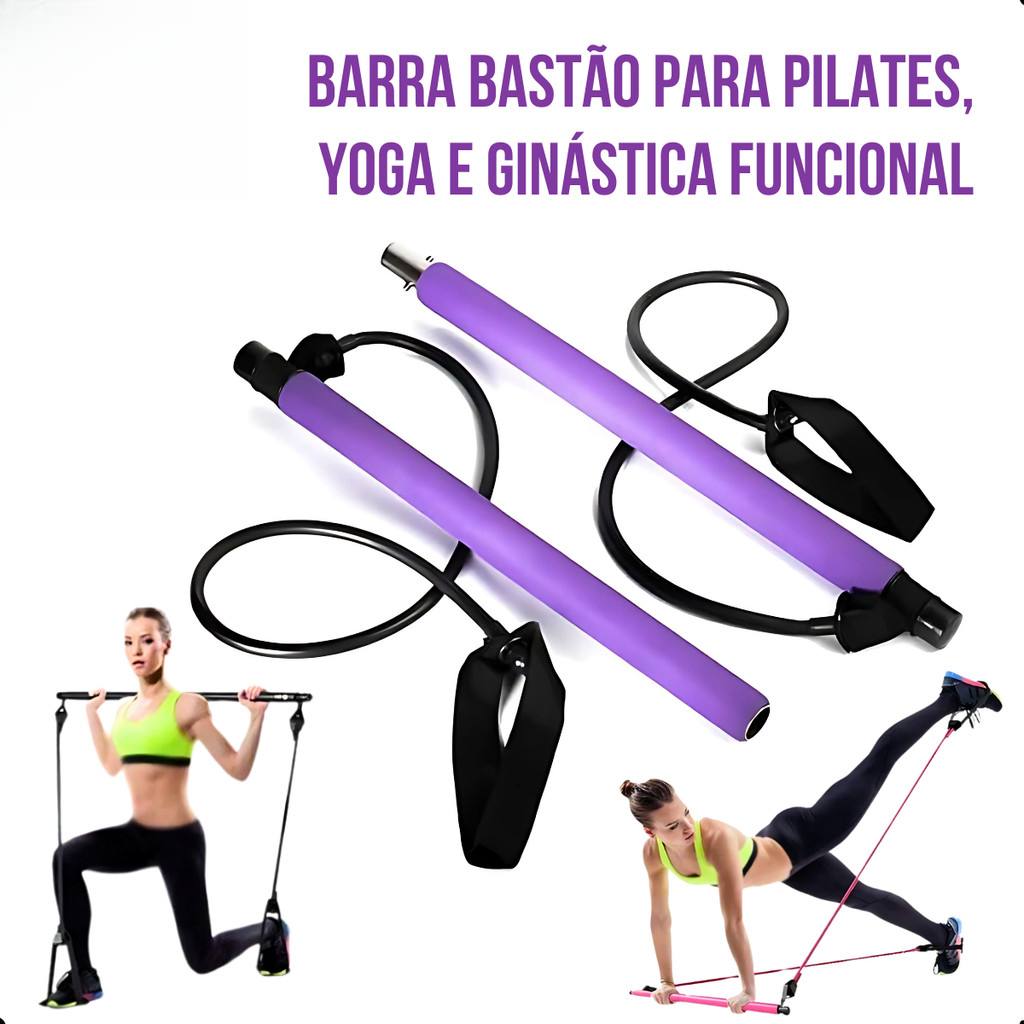 Barra de Pilates Yoga Portátil Com Elásticos Extensor Exercício Academia Treino Musculação Roxo/Preto