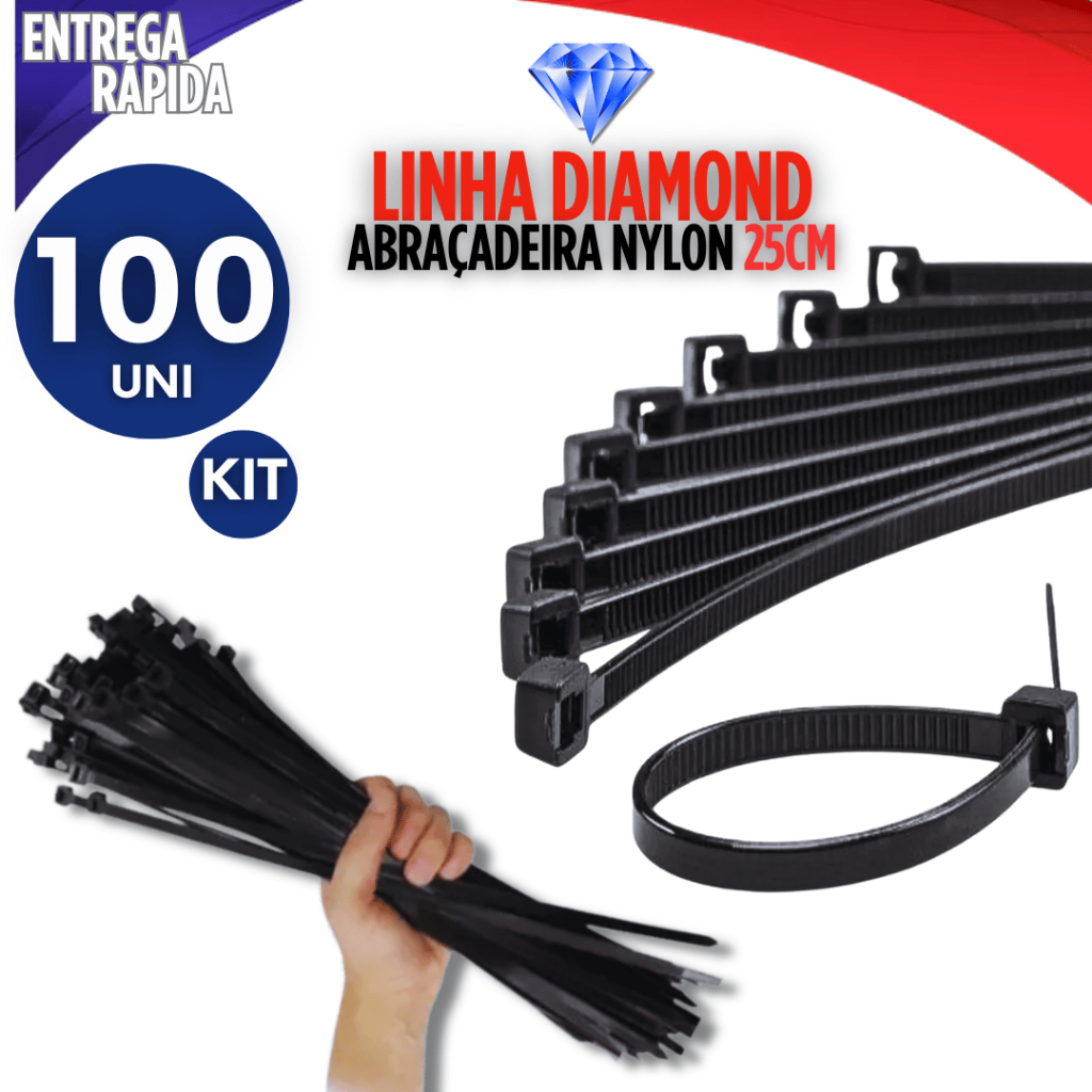 Jogo 100 Abraçadeira Nylon Cinta Plástica Enforca Gato 25cm  Fixação Organização Cabos Fios Variáveis Utilidades