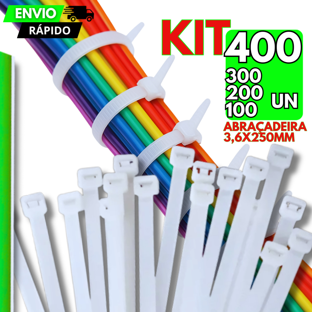 Jogo 400/300/200/100 Abraçadeira Nylon Enforca Gato 25cm 3,6mm Cintas Plásticas Fita Hellermann Branca Trabalho