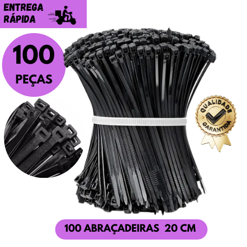 Abraçadeira De Nylon 20cm x 3,6mm Kit Pacote Jogo 100 Unidades Preta Enforca-Gato Multiuso Startools