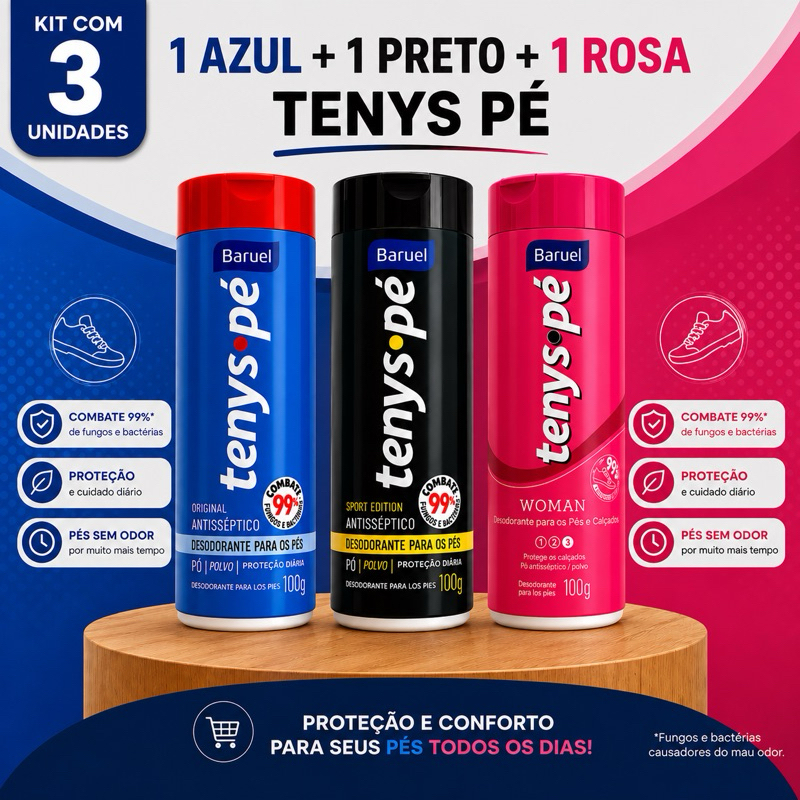 Kit 3 Tenys Pé Desodorante para os Pés – Original (Azul) + Sport (Preto) + Woman (Rosa)