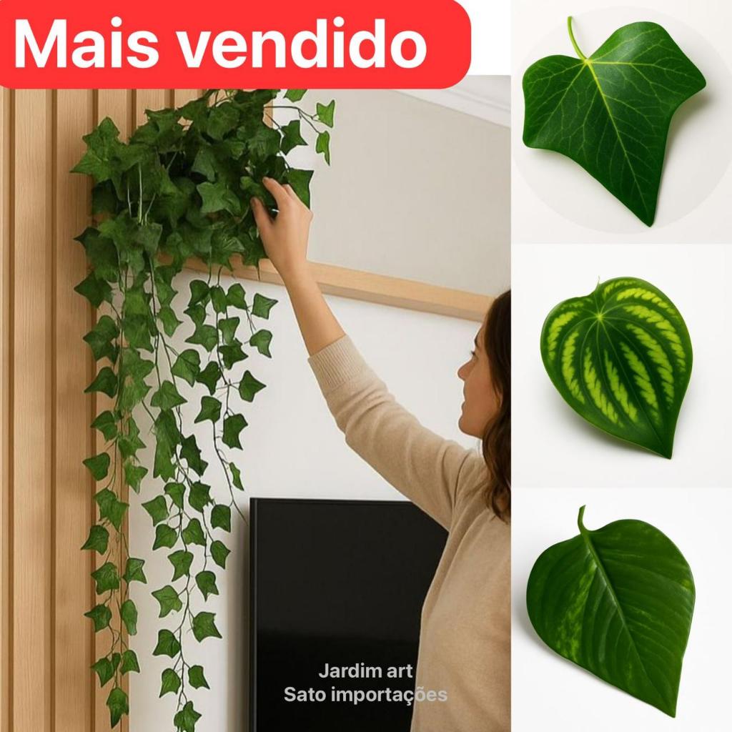 Planta Decorativa + Vaso Trançado Marrom 3 Pendentes Artificial Folhas de HERA JIBOIA MELANCIA