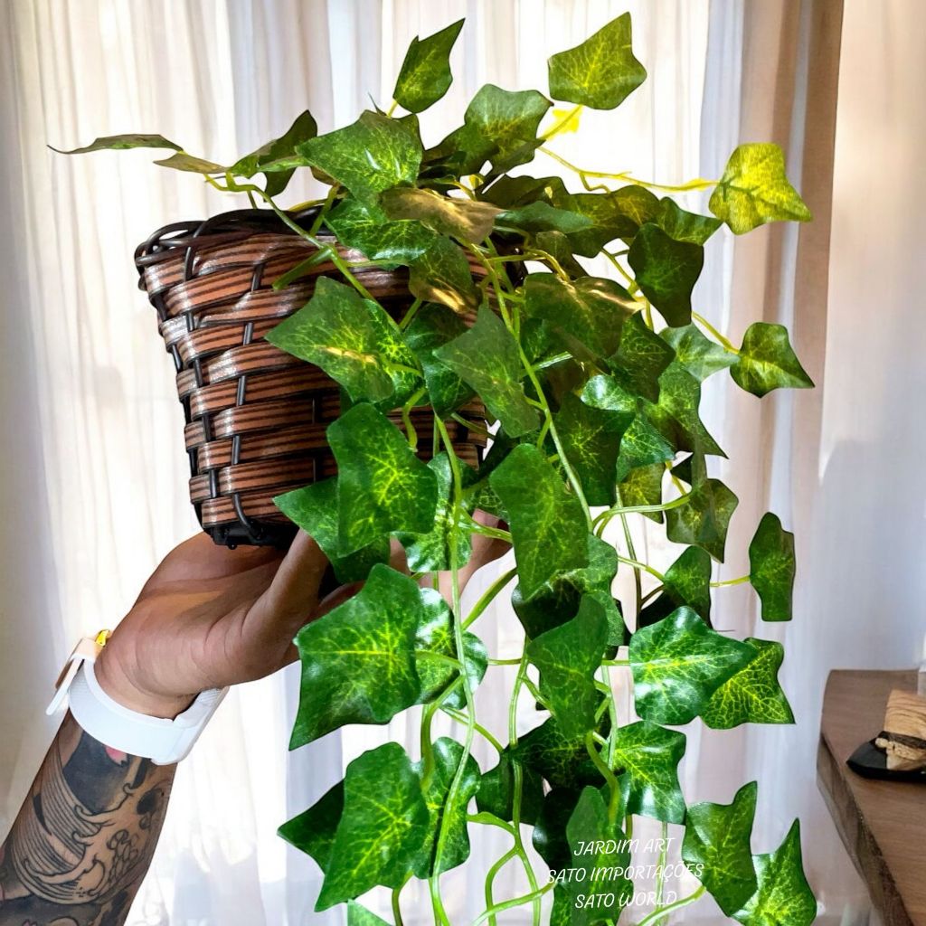 Planta Decorativa + Vaso GRANDE Trançado Marrom 3 Pendentes Artificial Folhas de Hera Begonia Jiboia PT15