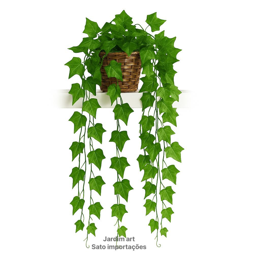 Planta Decorativa + Vaso Trançado Marrom 3 Pendentes Artificiais Folhas Pendentes 6 metros PT11