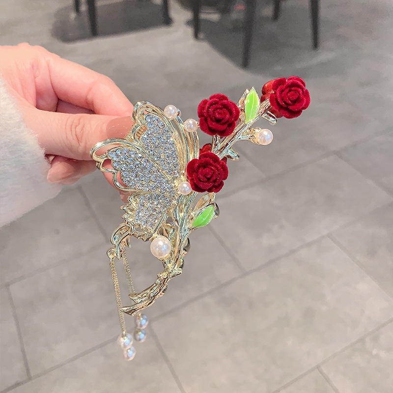 Grampo De Cabelo Rose Butterfly Tassel Hair Clip Fêmea Cabeça De Costas High-End Feel Grande Mori Série Fada Beleza