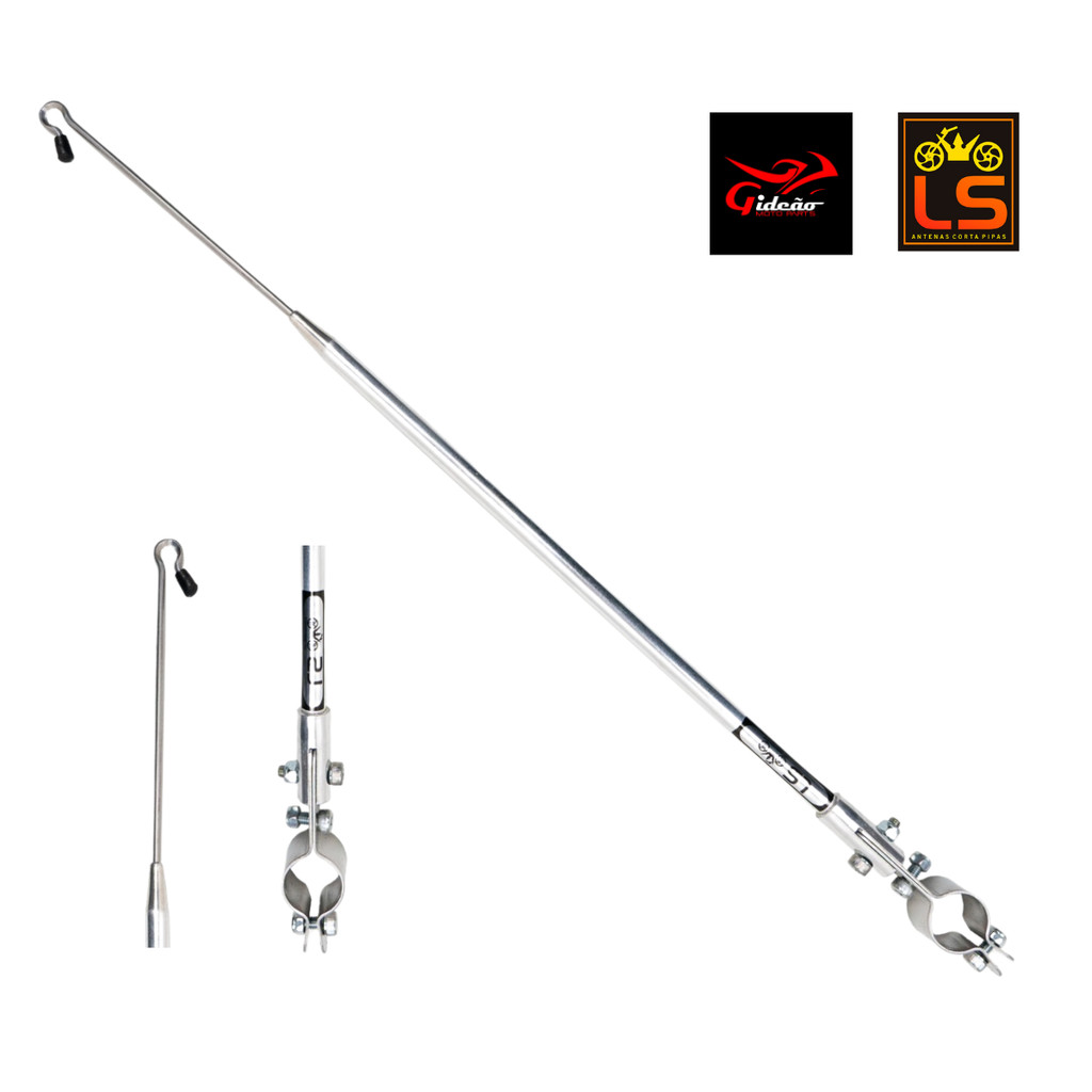 Antena Corta Pipa Moto 2 Estágios Retrátil e Reclinável Guidão Abraçadeira e Vareta Aço Inox e Tubo em Alumínio / Foto R