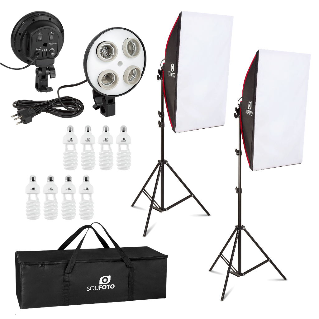 Kit de Iluminação Duplo Haia Softbox Vareta com 8 Lâmpadas de 45w, Tripé e Bolsa Sou Foto