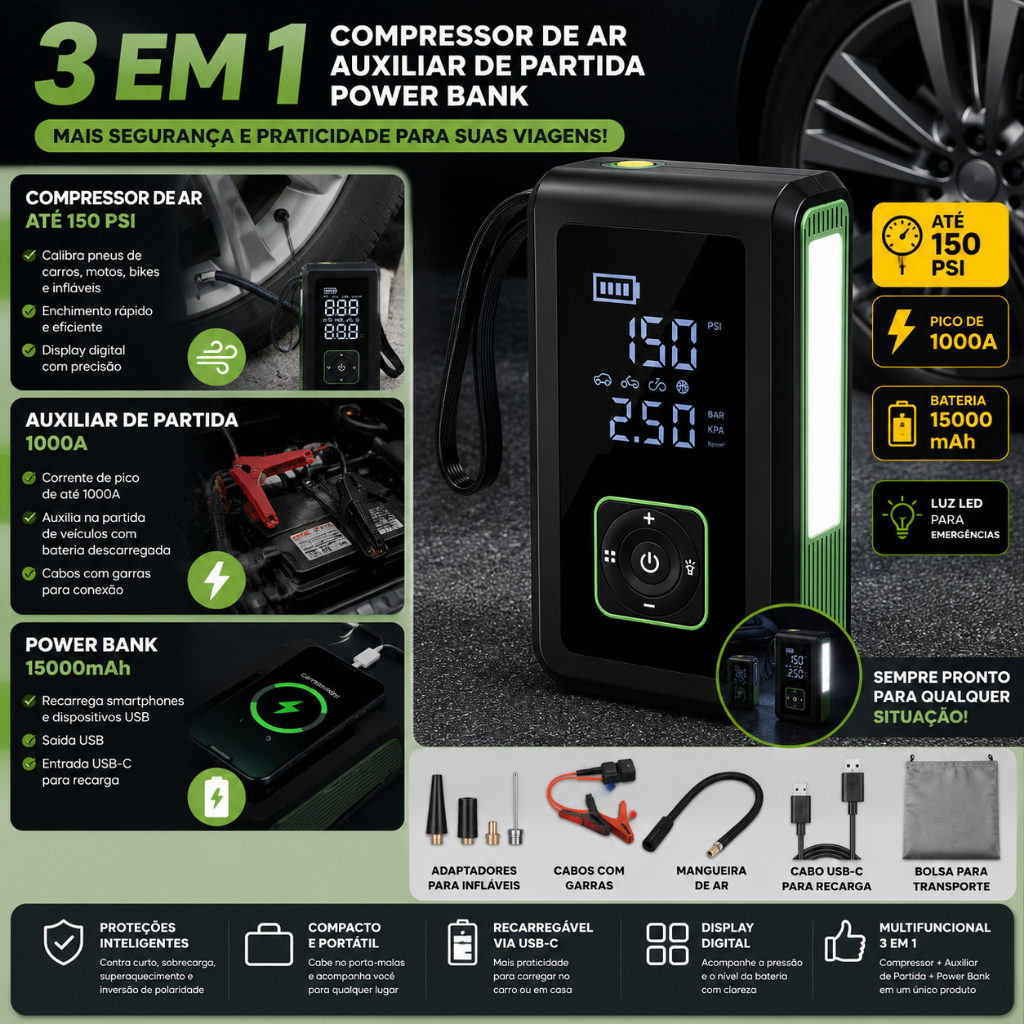 Mini Compressor Digital 150 PSI Jump Starter 1000A Power Bank 15000mAh Carro Moto Bike USB-C