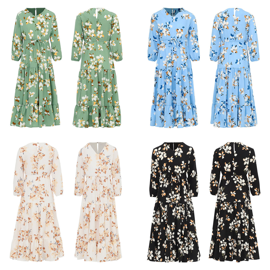 inhzoy Girl Floral Print Summer Dress Long Sleeve High Waist Ruffle Hem Long Maxi Dress Casual Holiday Dress Beach Dress