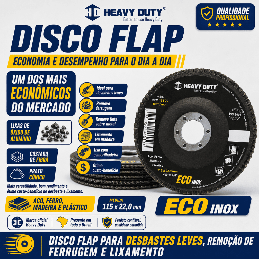 Kit 10 Disco Flap Ecoinox Fibra de Vidro Prato Cônico 4.1/2 (115 mm) Grão 80 - para Esmerilhadeira - Heavy Duty