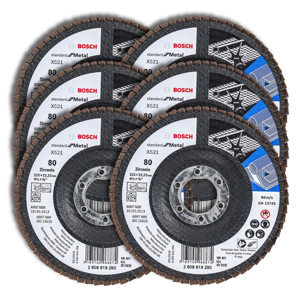 Discos Flap 115mm p/ Metal Bosch Grão 80 Kit com 6 Curvo Fibra de Vidro 4.1/2