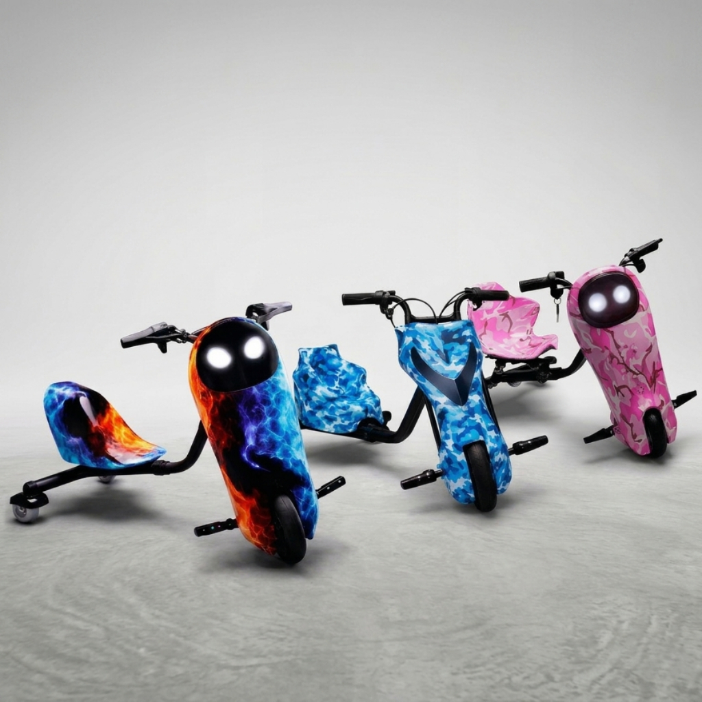 Triciclo Drift Elétrico Infantil 250W 36V com Bluetooth Luz LED Kart Elétrico Potente Diversão Criança