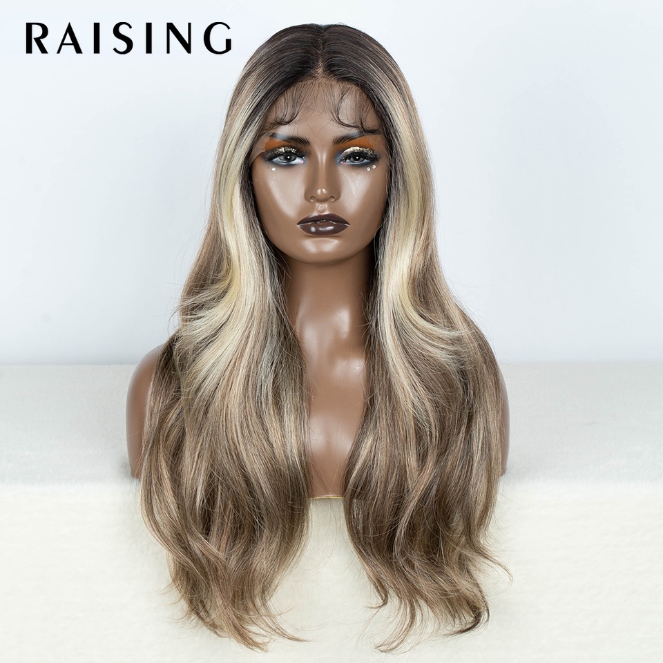 Perucas Frente De Renda Sintética RAISING Para Mulheres Peruca Lisa Com Cabelo De Bebê De 24 Polegadas Ombre Brown Highlight Cosplay