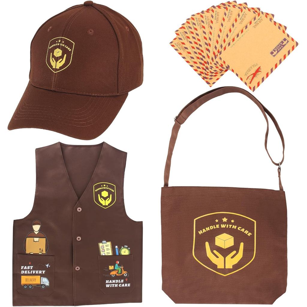 Yewong Cargo Postal Delivery Costume Brown Delivery Man Vest Cap Bag for Kids Halloween Postal Career Day Cosplay