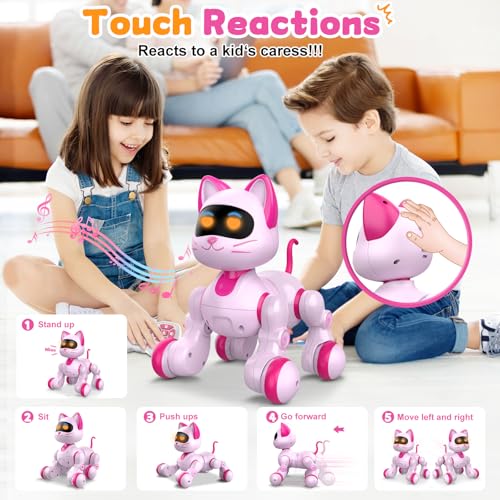 Gato Robô RC Rosa e Fofo com Luzes LED e Sensores de Gestos, Pet Interativo para Crianças, Presente STEM de Aniversário