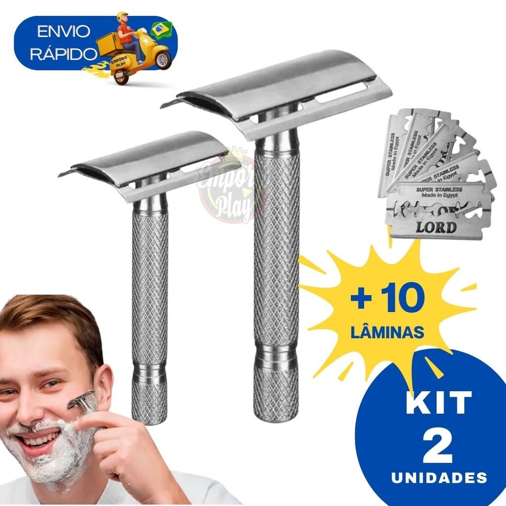 Kit 2 Aparelho Barbeador Metal Clássico Manual Retrô Com 10 Lâminas Ideal Barbearias