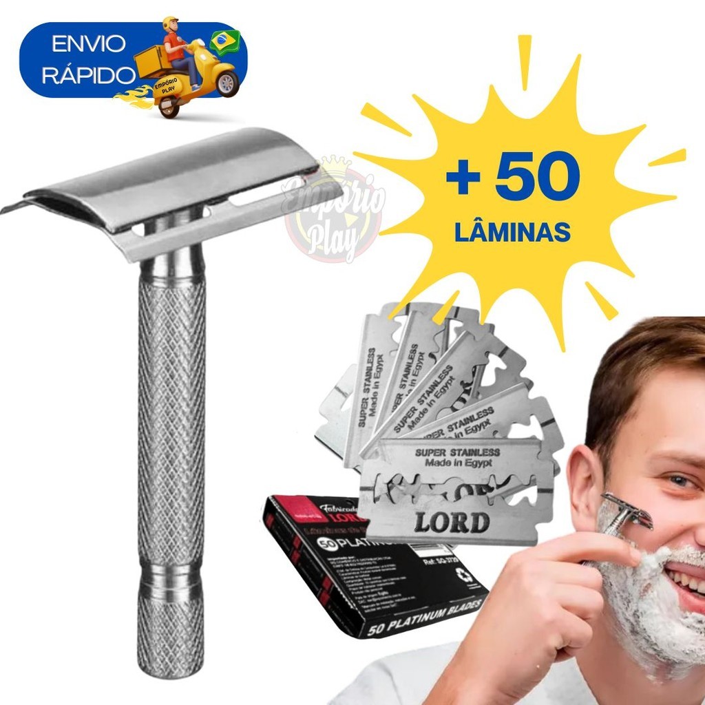 Kit 50 Lâminas + Aparelho Barbeador Metal Clássico Manual Retrô Ideal Para Barba Barbearias