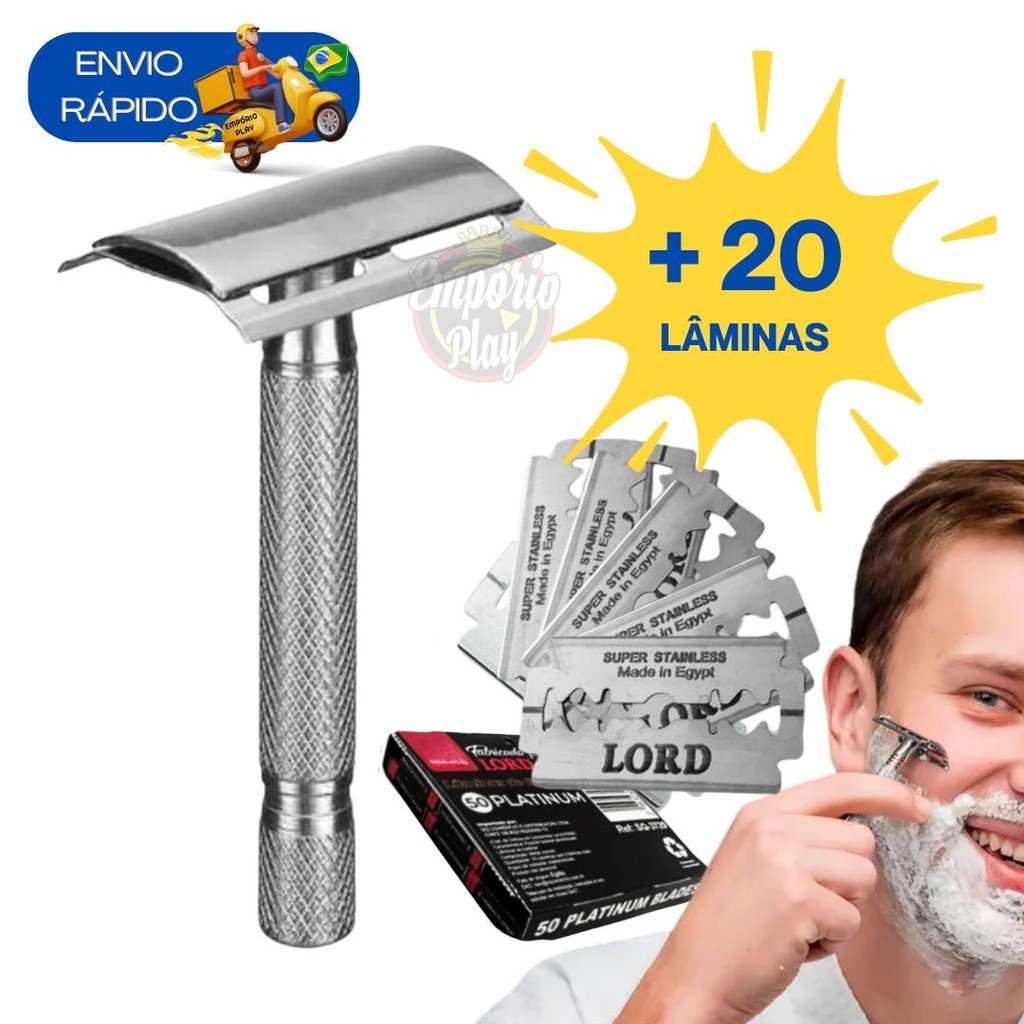 Kit 20 Lâminas + Aparelho Barbeador Metal Clássico Manual Retrô Ideal Para Barba Barbearias