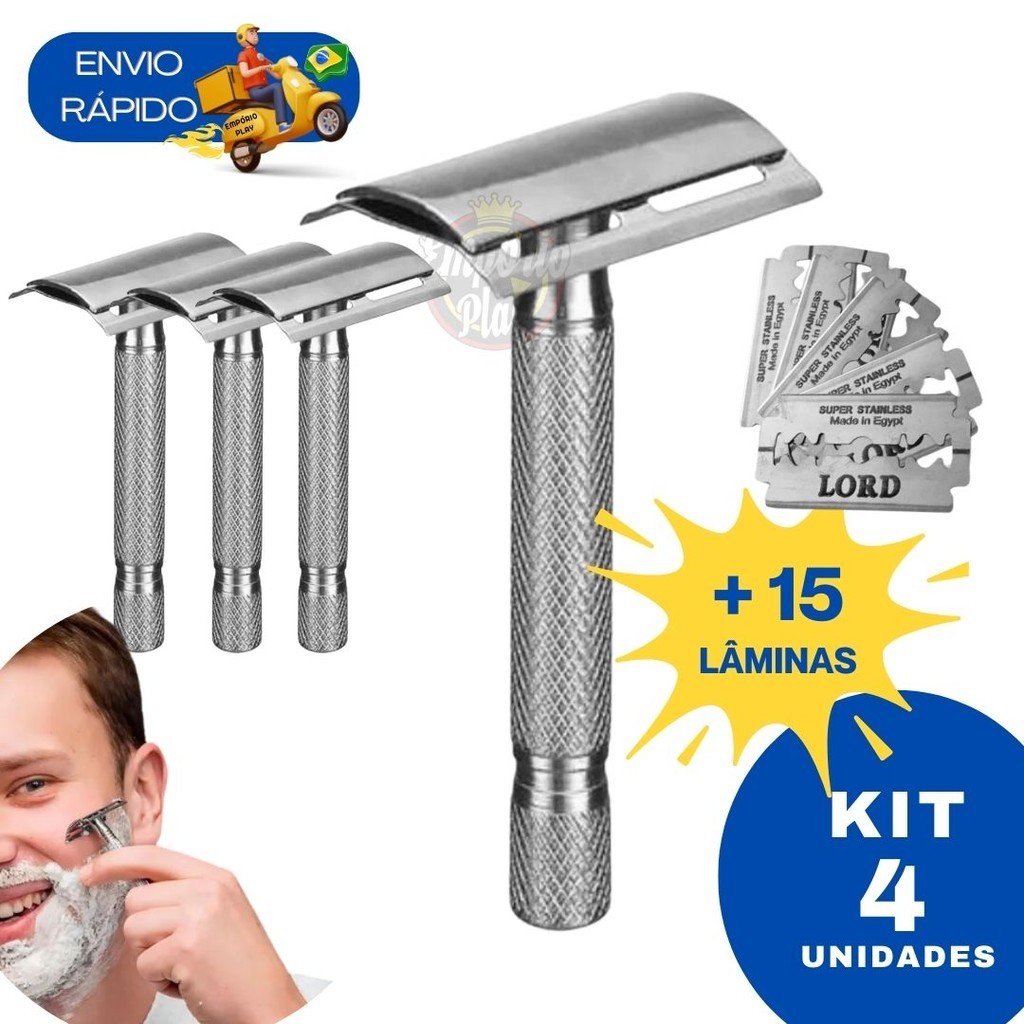 Kit 4 Aparelho Barbeador Metal Clássico Manual Retrô Com 20 Lâminas Ideal Barbearias