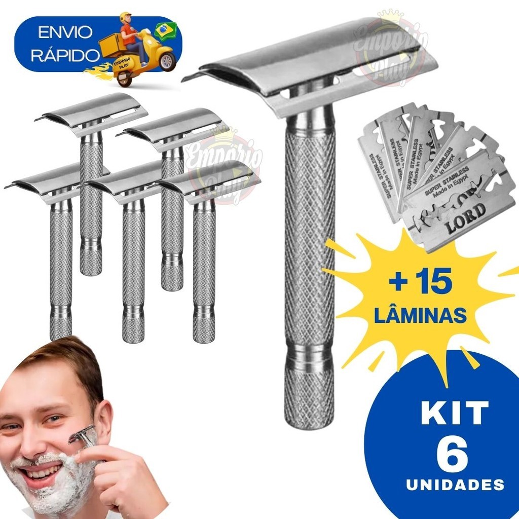 Kit 6 Aparelho Barbeador Metal Clássico Manual Retrô Com 30 Lâminas Ideal Barbearias