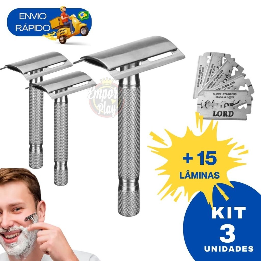 Kit 3 Aparelho Barbeador Metal Clássico Manual Retrô Com 15 Lâminas Ideal Barbearias