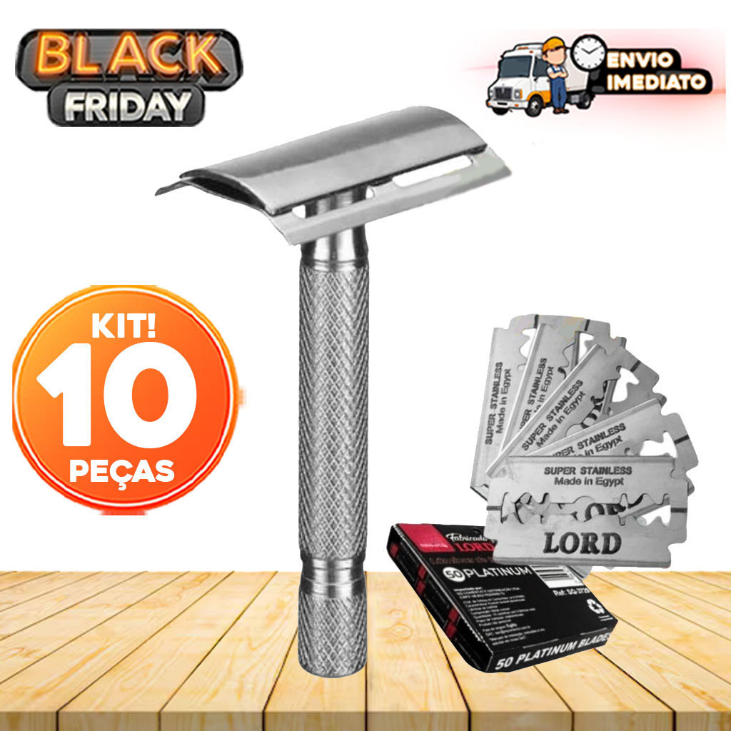 Kit com 10 Lâminas e Aparelho Barbeador Clássico Manual de Metal Retrô – Ideal para Barba e Barbearias