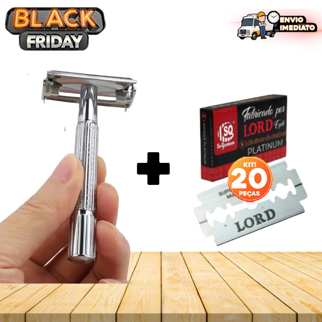 Barbeador de Metal Prático + 21 Lâminas Gratuitas - Aparelho Manual de Barbear Reutilizável - Kit Barba