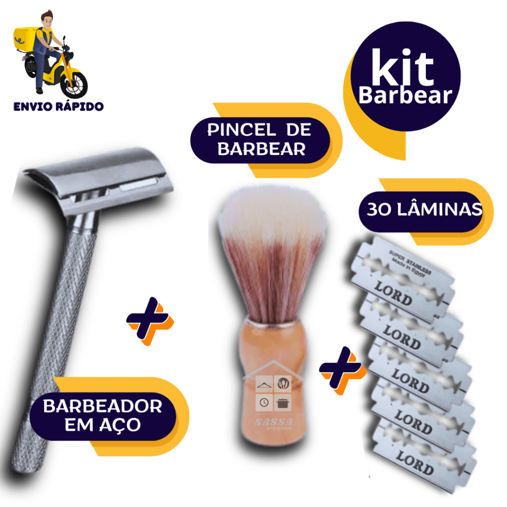 Kit Barbeador Clássico Aparelho De Barbear Retrô Antigo Metal Articulado com Pack de 30 Lâminas e Pincel Cerdas Fibra
