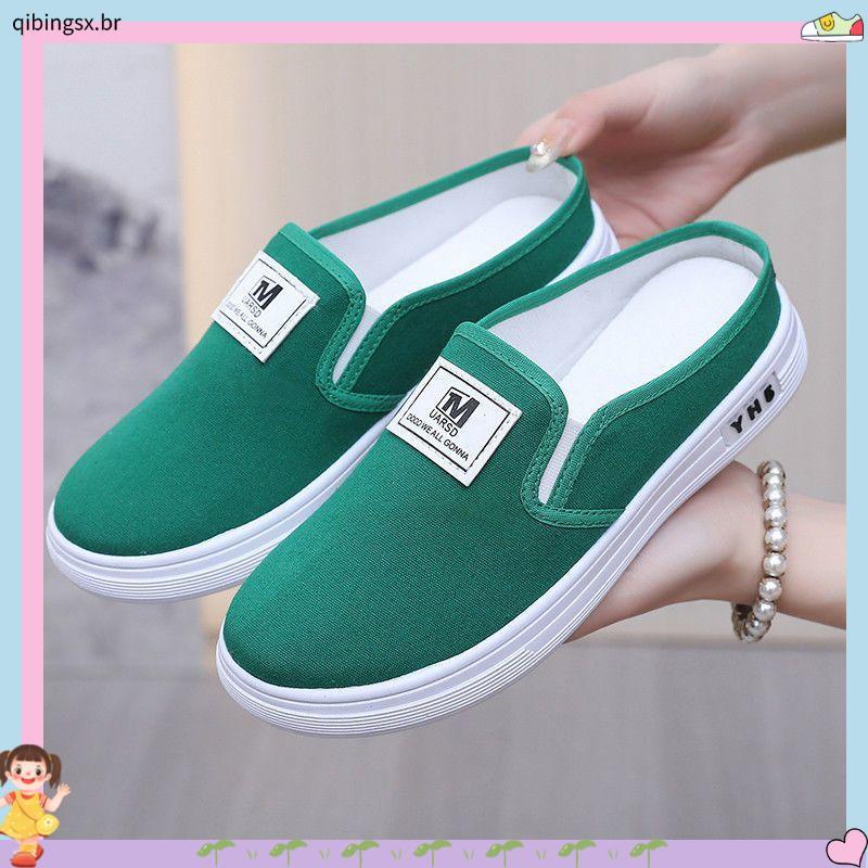 Influenciador venda quente primavera verão sapatos de lona meio deslizamento feminino respirável de um Pedal de sola gro