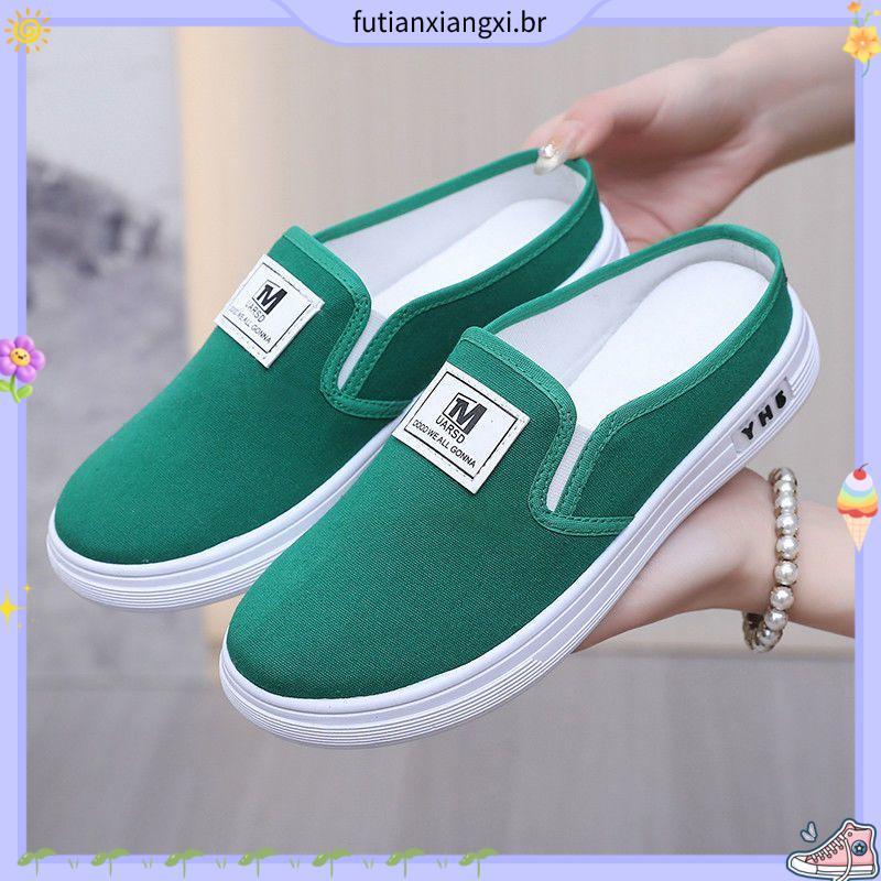 Influenciador venda quente primavera verão meio deslizamento sapatos de lona feminino respirável de um Pedal de sola gro