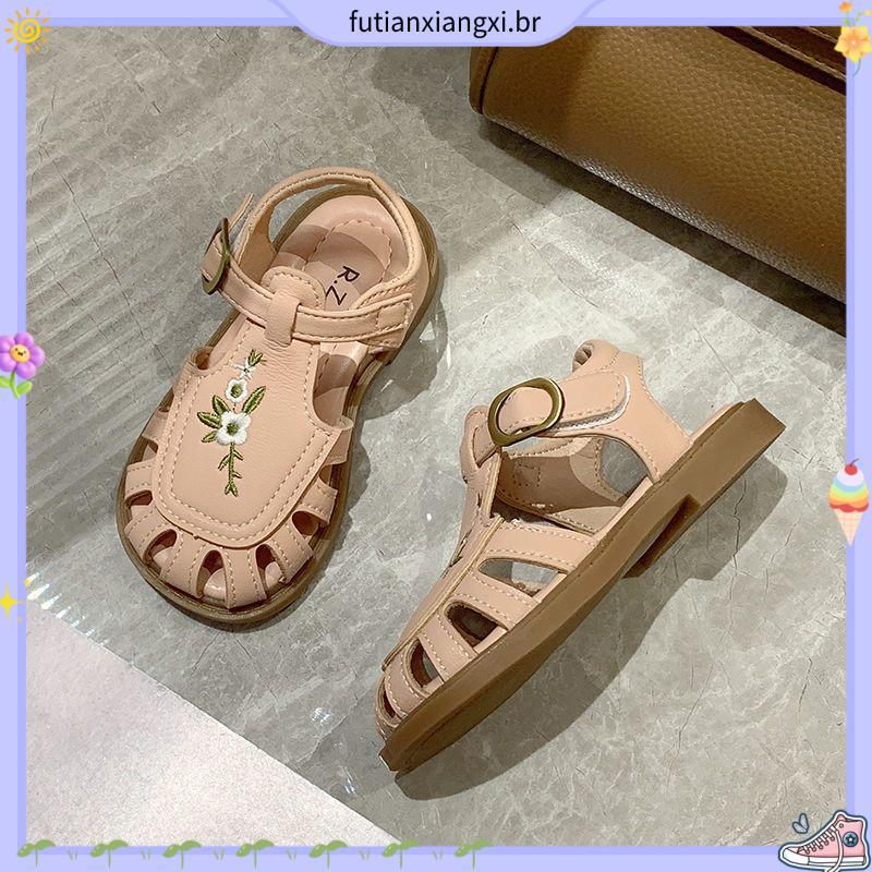 Meninas sandálias bordadas sapatos de princesa novo estilo Retro influenciador sapatos de bebê outono verão sapatos de p