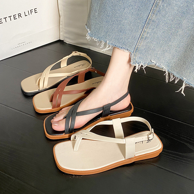Novo estilo conjunto-Toe sandálias chinelos feminino verão exterior Wear influenciador ins plana sandálias romanas Flip-