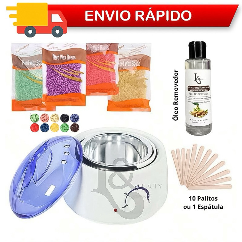 Kit Termocera + Cera quente 100g Hard Wax + Palitos + Óleo Removedor L&Beauty 60ml